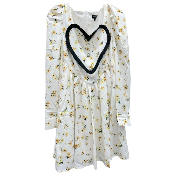 Sister Jane Dresses & Skirts - NEW Sister Jane Long Puff Sleeve Contrast Heart Floral Mini Dress White Yellow S
